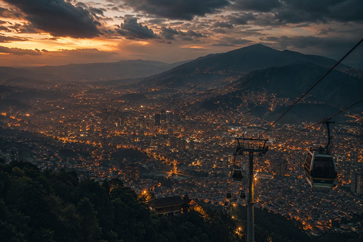 Medellín valley at dusk with Metrocable cars above the city lights