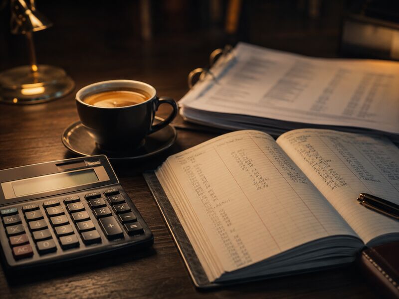 Calculator, ledger, and coffee under warm lamplight