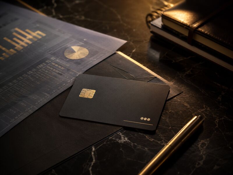 Corporate card and financial documents on dark marble desk