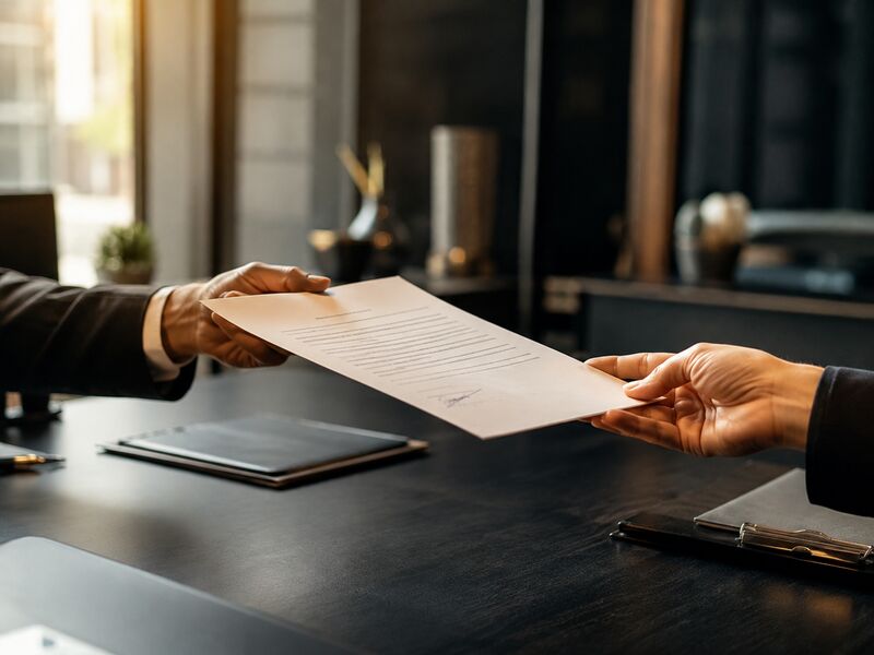Signed contract exchanged across a dark conference table