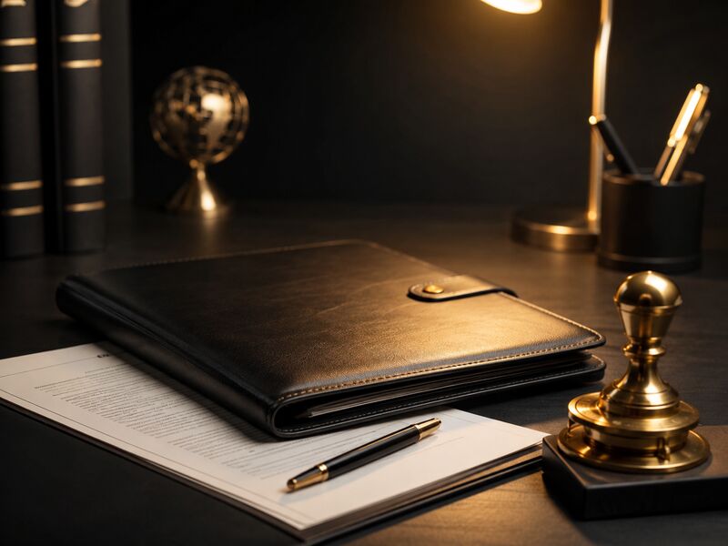 Leather portfolio with corporate documents and brass company seal